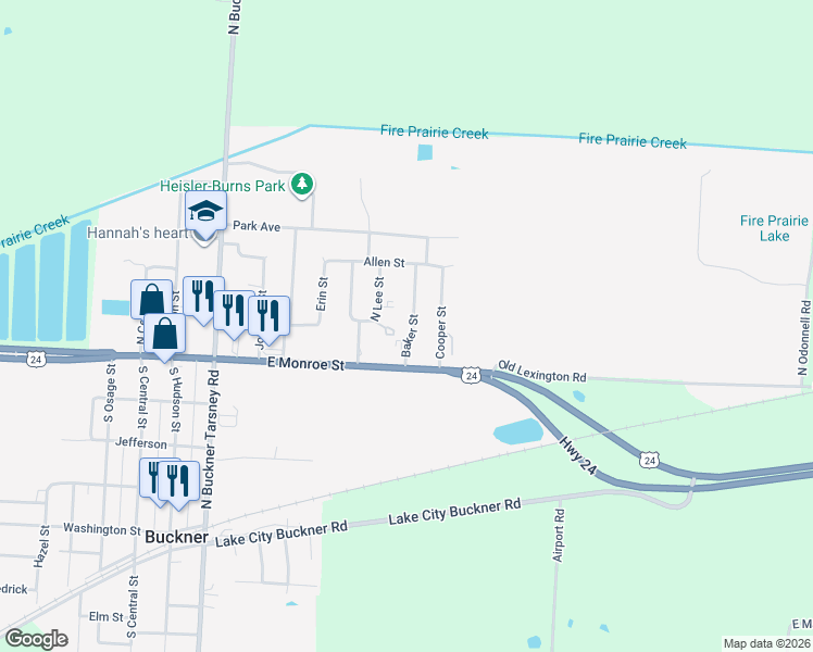 map of restaurants, bars, coffee shops, grocery stores, and more near 102 Baker Street in Buckner