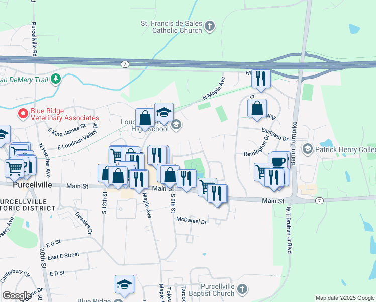 map of restaurants, bars, coffee shops, grocery stores, and more near 203 Grassy Ridge Terrace in Purcellville