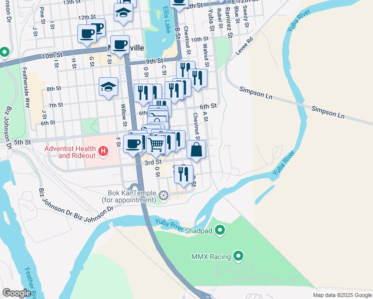 map of restaurants, bars, coffee shops, grocery stores, and more near 118-130 4th Street in Marysville