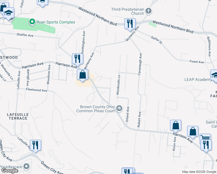 map of restaurants, bars, coffee shops, grocery stores, and more near 2315 Kline Avenue in Cincinnati