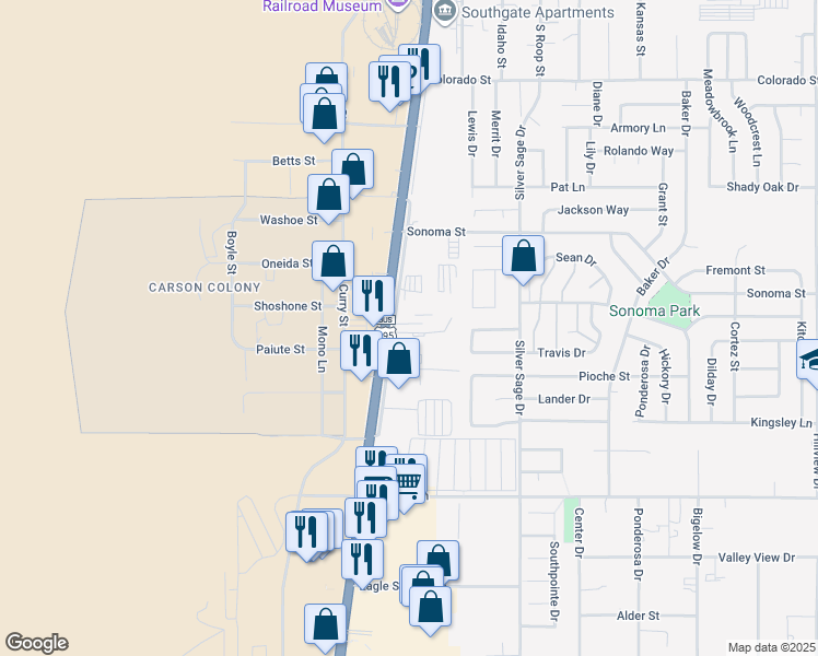 map of restaurants, bars, coffee shops, grocery stores, and more near 3059 South Carson Street in Carson City