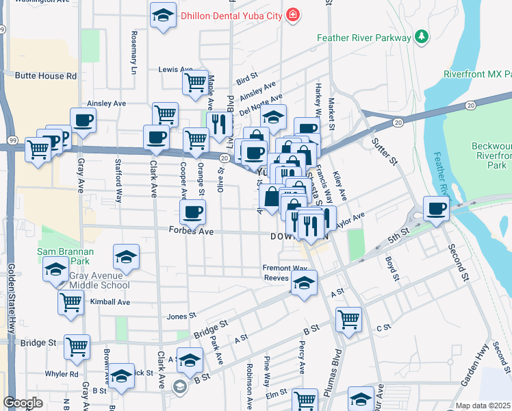 map of restaurants, bars, coffee shops, grocery stores, and more near 817 Almond Street in Yuba City