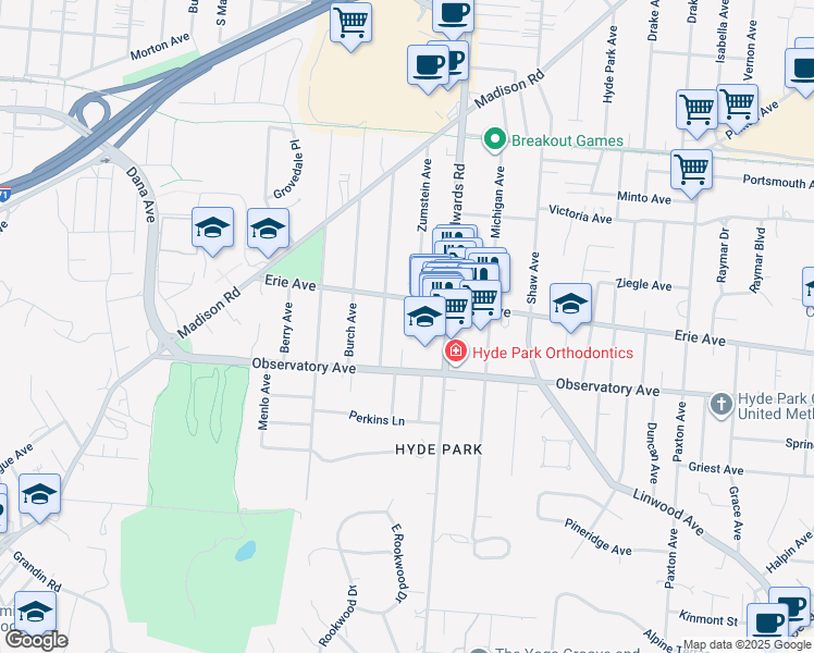 map of restaurants, bars, coffee shops, grocery stores, and more near 2603 Erie Avenue in Cincinnati