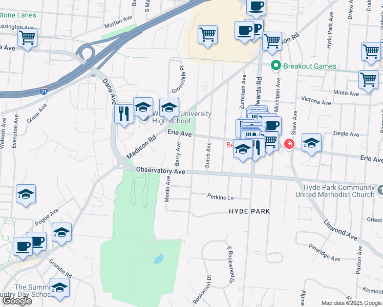 map of restaurants, bars, coffee shops, grocery stores, and more near 3443 Stettinius Avenue in Cincinnati