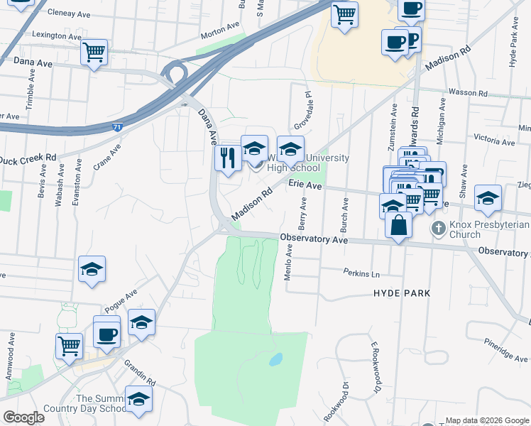 map of restaurants, bars, coffee shops, grocery stores, and more near 2475 Madison Road in Cincinnati
