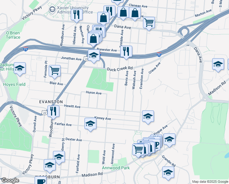 map of restaurants, bars, coffee shops, grocery stores, and more near 3430 Trimble Avenue in Cincinnati