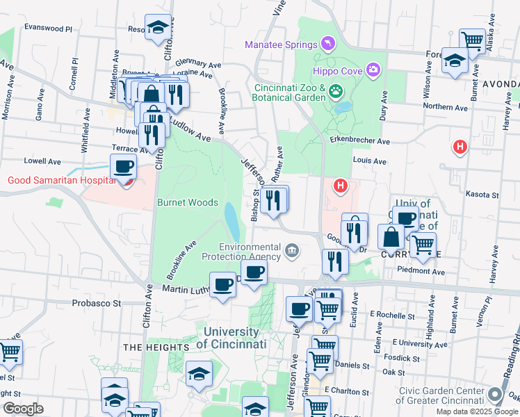 map of restaurants, bars, coffee shops, grocery stores, and more near 3239 Jefferson Avenue in Cincinnati