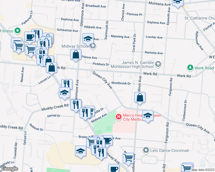 map of restaurants, bars, coffee shops, grocery stores, and more near 3258 Queen City Avenue in Cincinnati