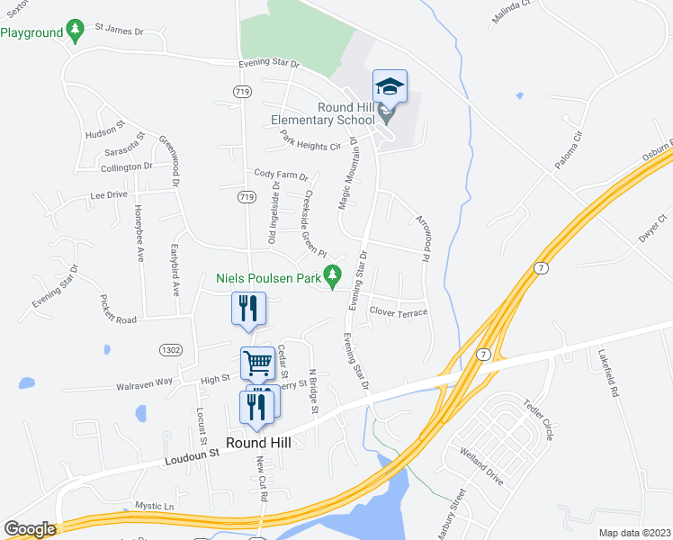 map of restaurants, bars, coffee shops, grocery stores, and more near Creekside Green Place in Round Hill