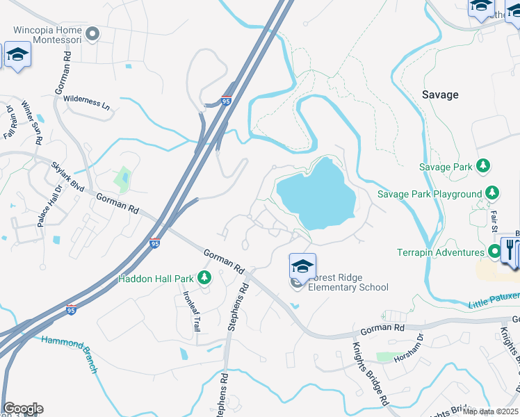 map of restaurants, bars, coffee shops, grocery stores, and more near 8609 Misty Waters Way in Laurel