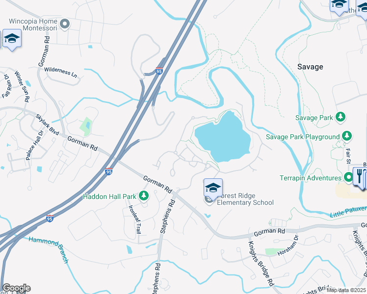 map of restaurants, bars, coffee shops, grocery stores, and more near 8609 Misty Waters Way in Laurel