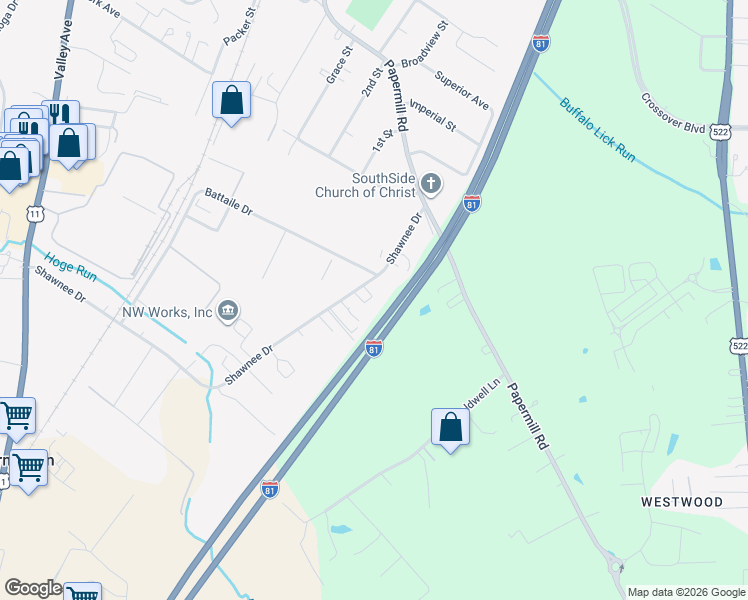 map of restaurants, bars, coffee shops, grocery stores, and more near 2962 Shawnee Drive in Winchester