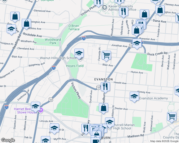 map of restaurants, bars, coffee shops, grocery stores, and more near 1511 Ruth Avenue in Cincinnati