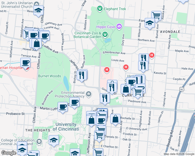 map of restaurants, bars, coffee shops, grocery stores, and more near 3246 Glendora Avenue in Cincinnati