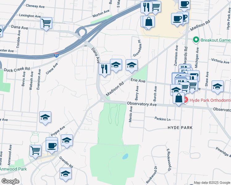 map of restaurants, bars, coffee shops, grocery stores, and more near 2445 Madison Road in Cincinnati