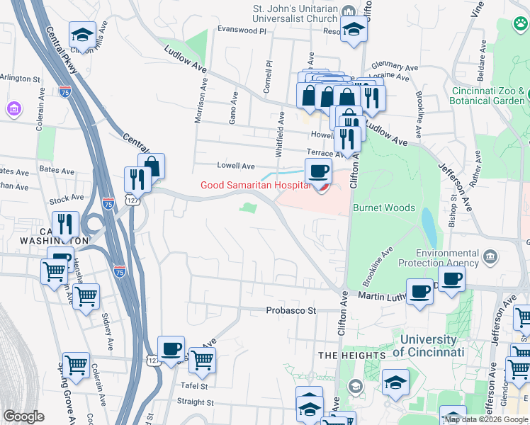 map of restaurants, bars, coffee shops, grocery stores, and more near in Cincinnati