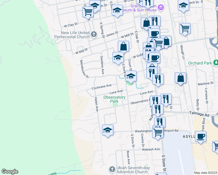 map of restaurants, bars, coffee shops, grocery stores, and more near 435 Cochrane Avenue in Ukiah