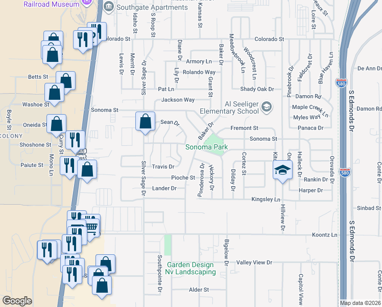 map of restaurants, bars, coffee shops, grocery stores, and more near 3108 Baker Drive in Carson City