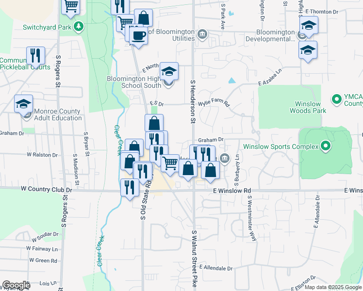 map of restaurants, bars, coffee shops, grocery stores, and more near 587 East Graham Place in Bloomington