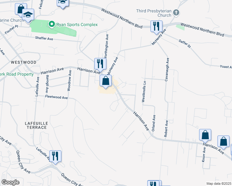 map of restaurants, bars, coffee shops, grocery stores, and more near 2399 Harrison Avenue in Cincinnati