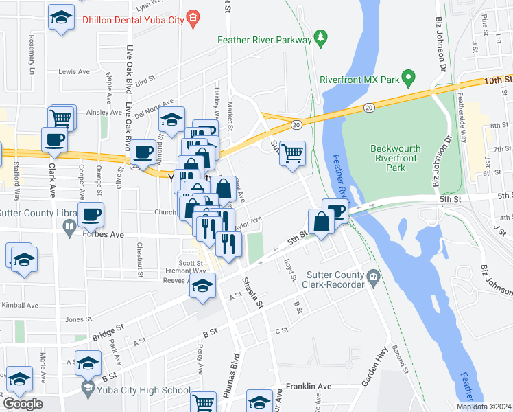 map of restaurants, bars, coffee shops, grocery stores, and more near 328 Teegarden Avenue in Yuba City