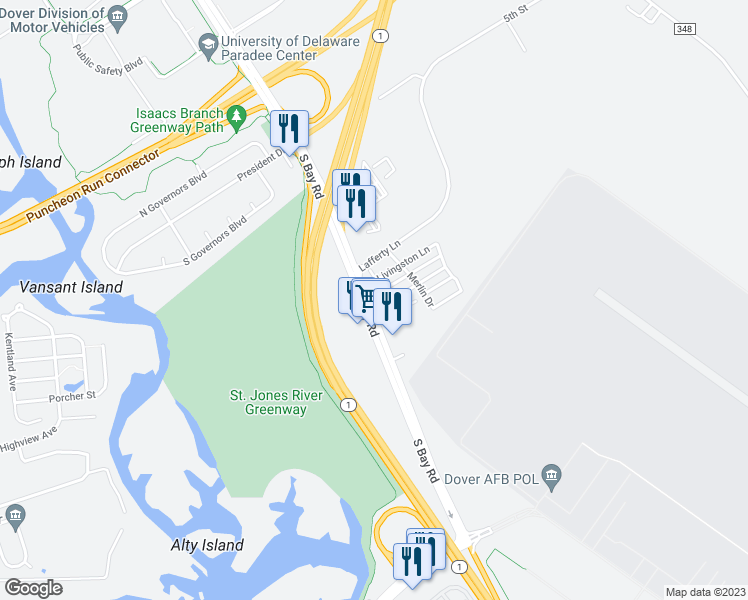 map of restaurants, bars, coffee shops, grocery stores, and more near 1106 South Bay Road in Dover