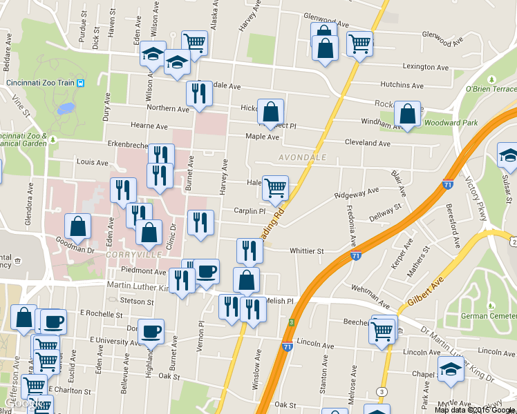 map of restaurants, bars, coffee shops, grocery stores, and more near 537 Hale Avenue in Cincinnati