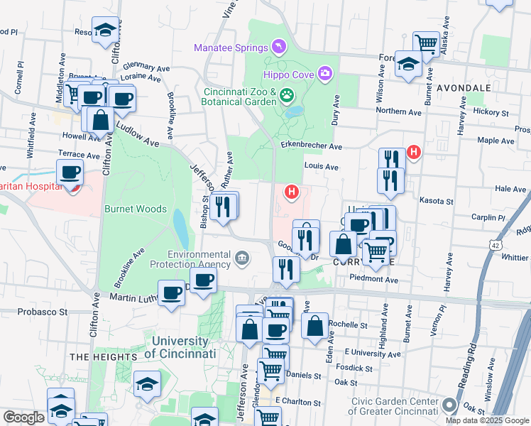 map of restaurants, bars, coffee shops, grocery stores, and more near 3246 Glendora Avenue in Cincinnati