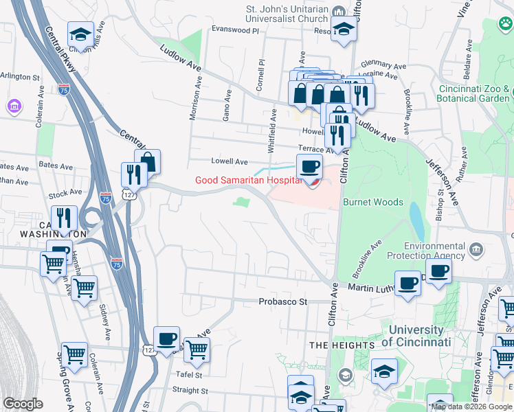 map of restaurants, bars, coffee shops, grocery stores, and more near in Cincinnati