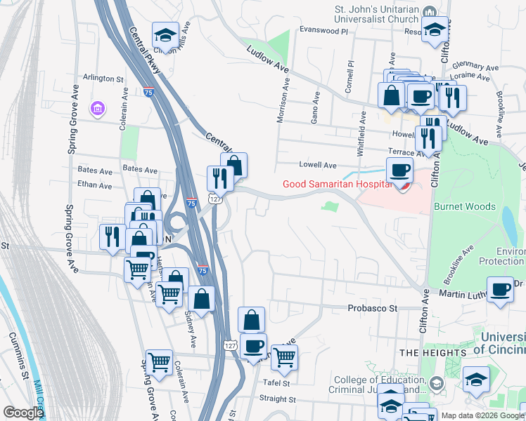 map of restaurants, bars, coffee shops, grocery stores, and more near 717 Martin Luther King Drive West in Cincinnati