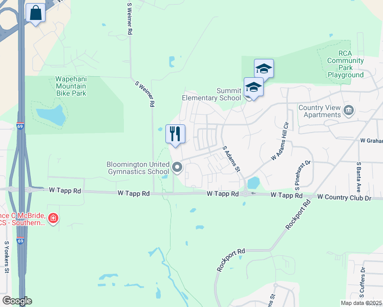 map of restaurants, bars, coffee shops, grocery stores, and more near 1808 West Sunstone Drive in Bloomington