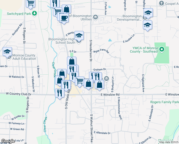 map of restaurants, bars, coffee shops, grocery stores, and more near 587 East Graham Place in Bloomington