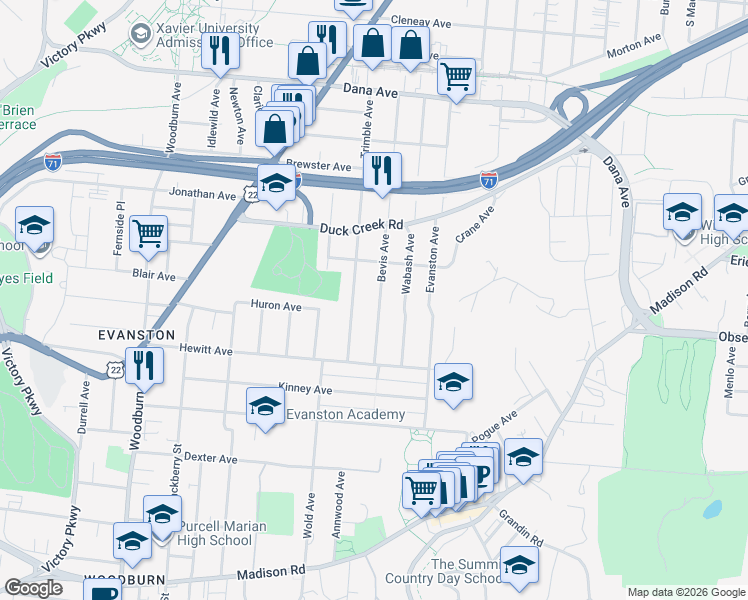 map of restaurants, bars, coffee shops, grocery stores, and more near 3430 Trimble Avenue in Cincinnati