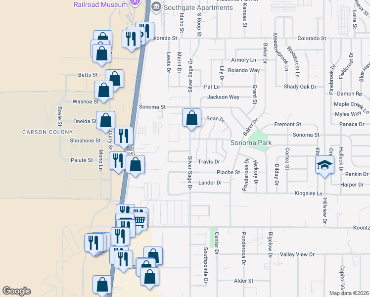 map of restaurants, bars, coffee shops, grocery stores, and more near 101 Windtree Circle in Carson City