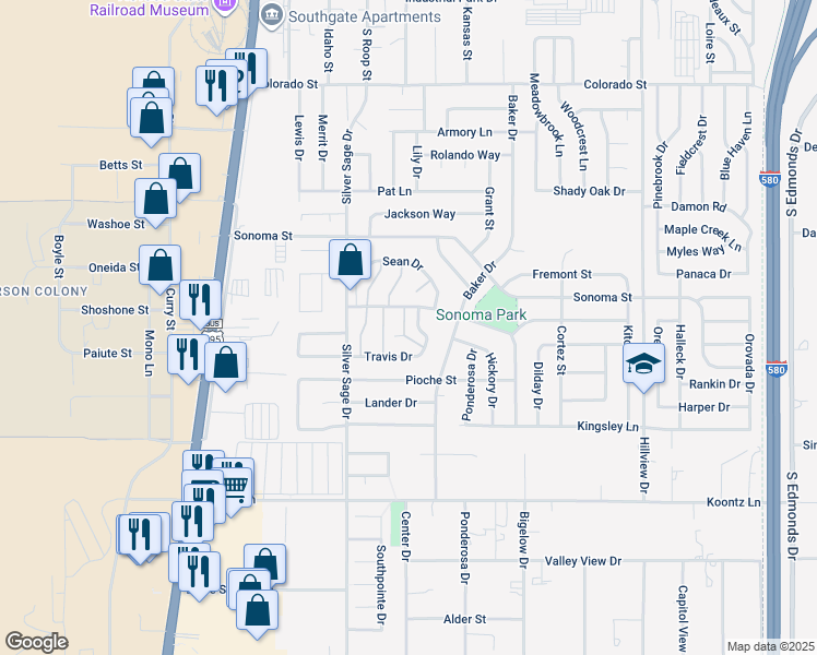 map of restaurants, bars, coffee shops, grocery stores, and more near 850 Travis Drive in Carson City