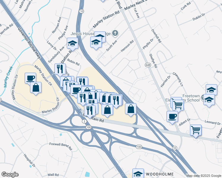 map of restaurants, bars, coffee shops, grocery stores, and more near 7845 Americana Cir in Glen Burnie