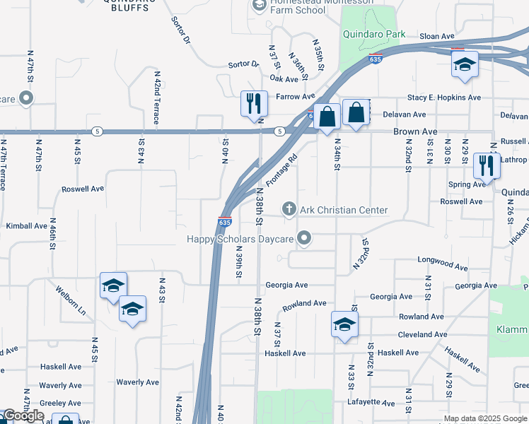 map of restaurants, bars, coffee shops, grocery stores, and more near 2905 North 38th Street in Kansas City