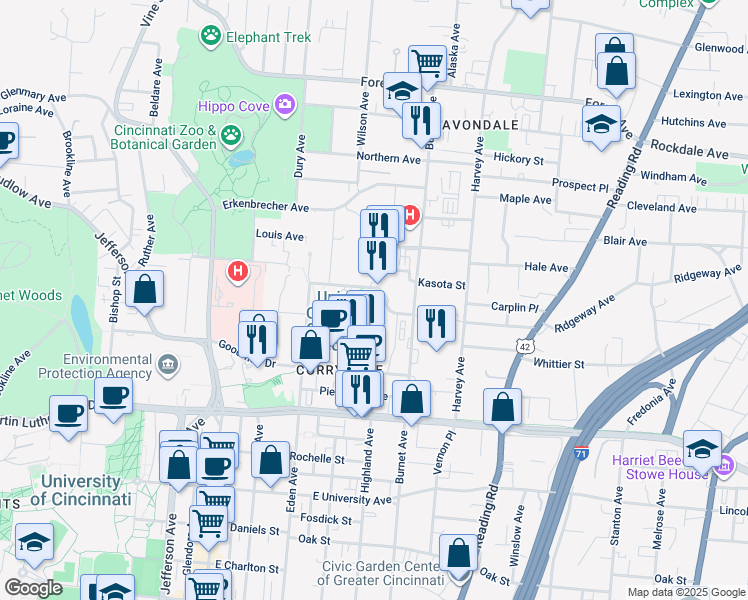 map of restaurants, bars, coffee shops, grocery stores, and more near 311 Albert Sabin Way in Cincinnati