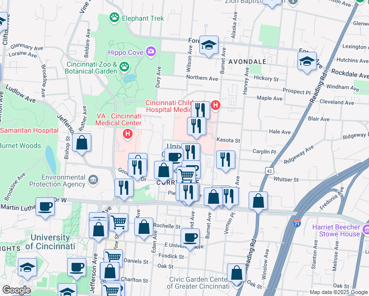 map of restaurants, bars, coffee shops, grocery stores, and more near 311 Albert Sabin Way in Cincinnati