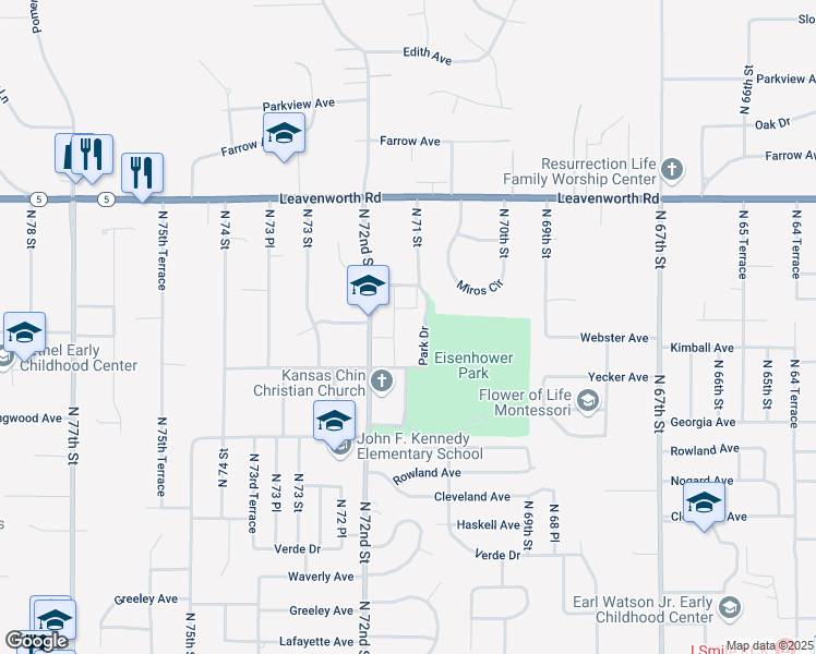 map of restaurants, bars, coffee shops, grocery stores, and more near 2901 North 72nd Street in Kansas City