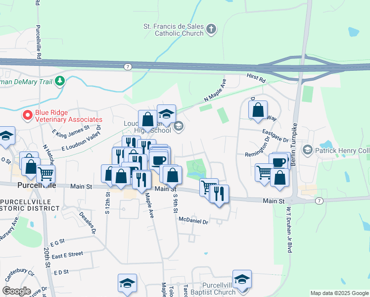 map of restaurants, bars, coffee shops, grocery stores, and more near 210 Elder Terrace in Purcellville