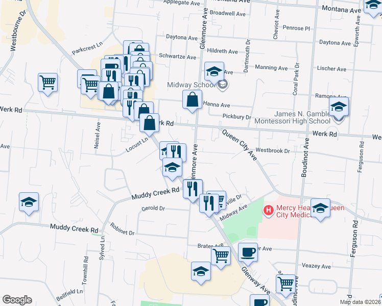 map of restaurants, bars, coffee shops, grocery stores, and more near 3062 Glenmore Avenue in Cincinnati