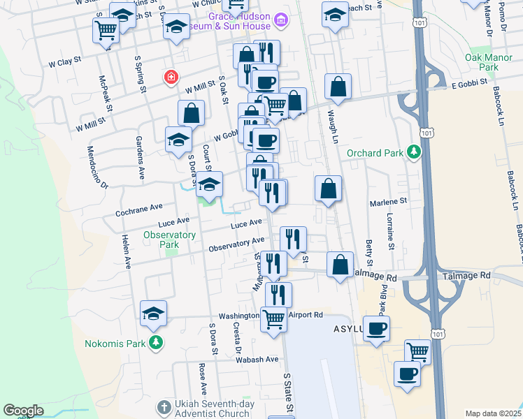 map of restaurants, bars, coffee shops, grocery stores, and more near 106 Cherry St in Ukiah