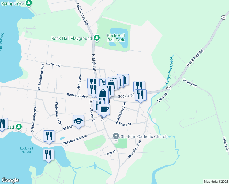 map of restaurants, bars, coffee shops, grocery stores, and more near 21340 Rock Hall Avenue in Rock Hall