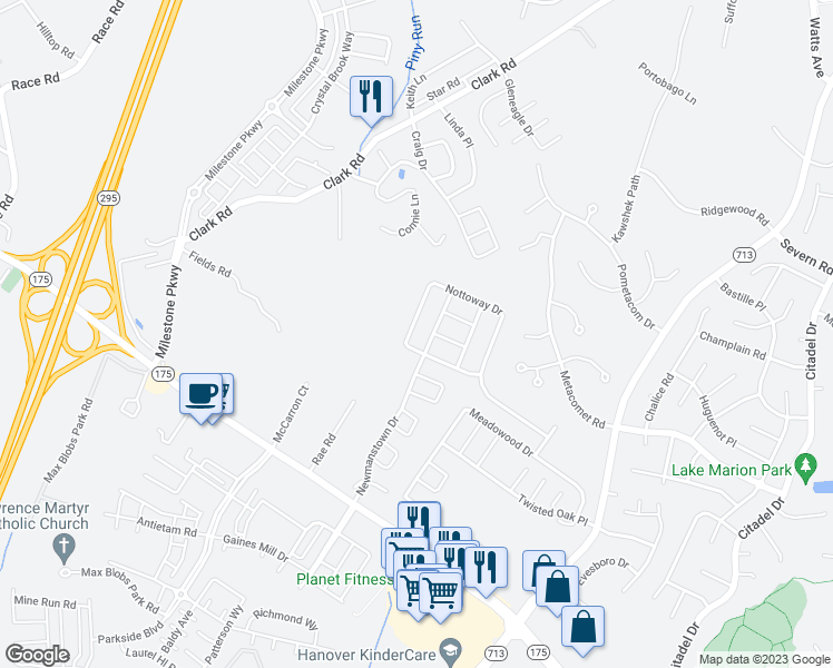 map of restaurants, bars, coffee shops, grocery stores, and more near 2219 Nottoway Drive in Hanover