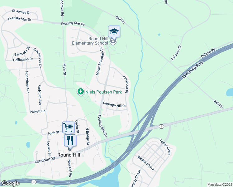 map of restaurants, bars, coffee shops, grocery stores, and more near 17303 Bighorn Court in Round Hill