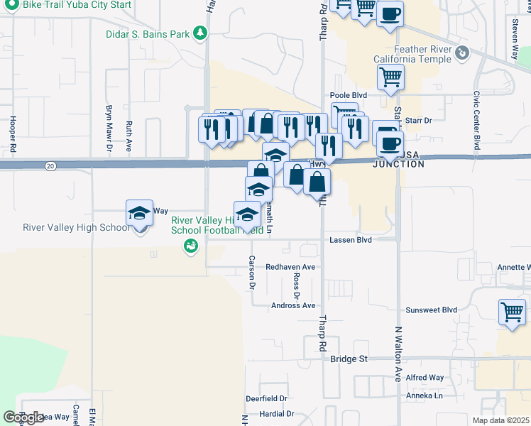 map of restaurants, bars, coffee shops, grocery stores, and more near 970 Klamath Lane in Yuba City