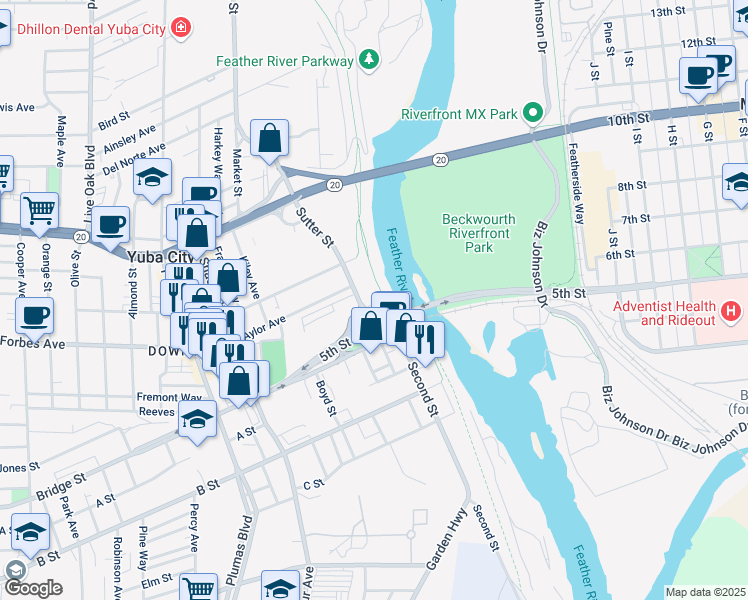 map of restaurants, bars, coffee shops, grocery stores, and more near 642 Sutter St in Yuba City