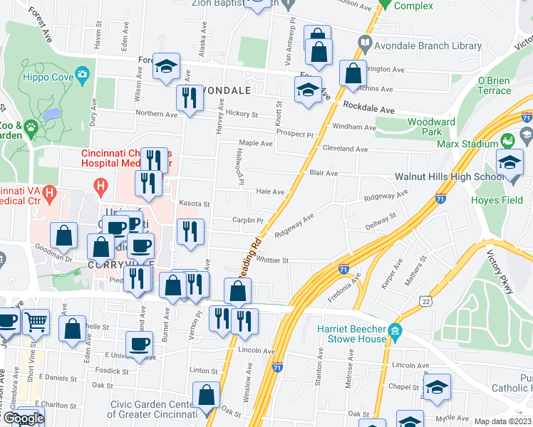 map of restaurants, bars, coffee shops, grocery stores, and more near 566 Stewart Place in Cincinnati