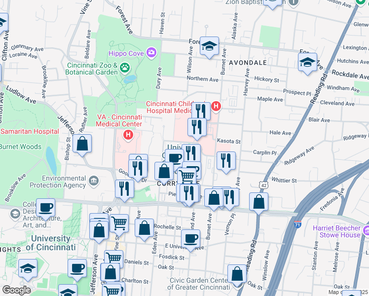 map of restaurants, bars, coffee shops, grocery stores, and more near 239 Albert Sabin Way in Cincinnati